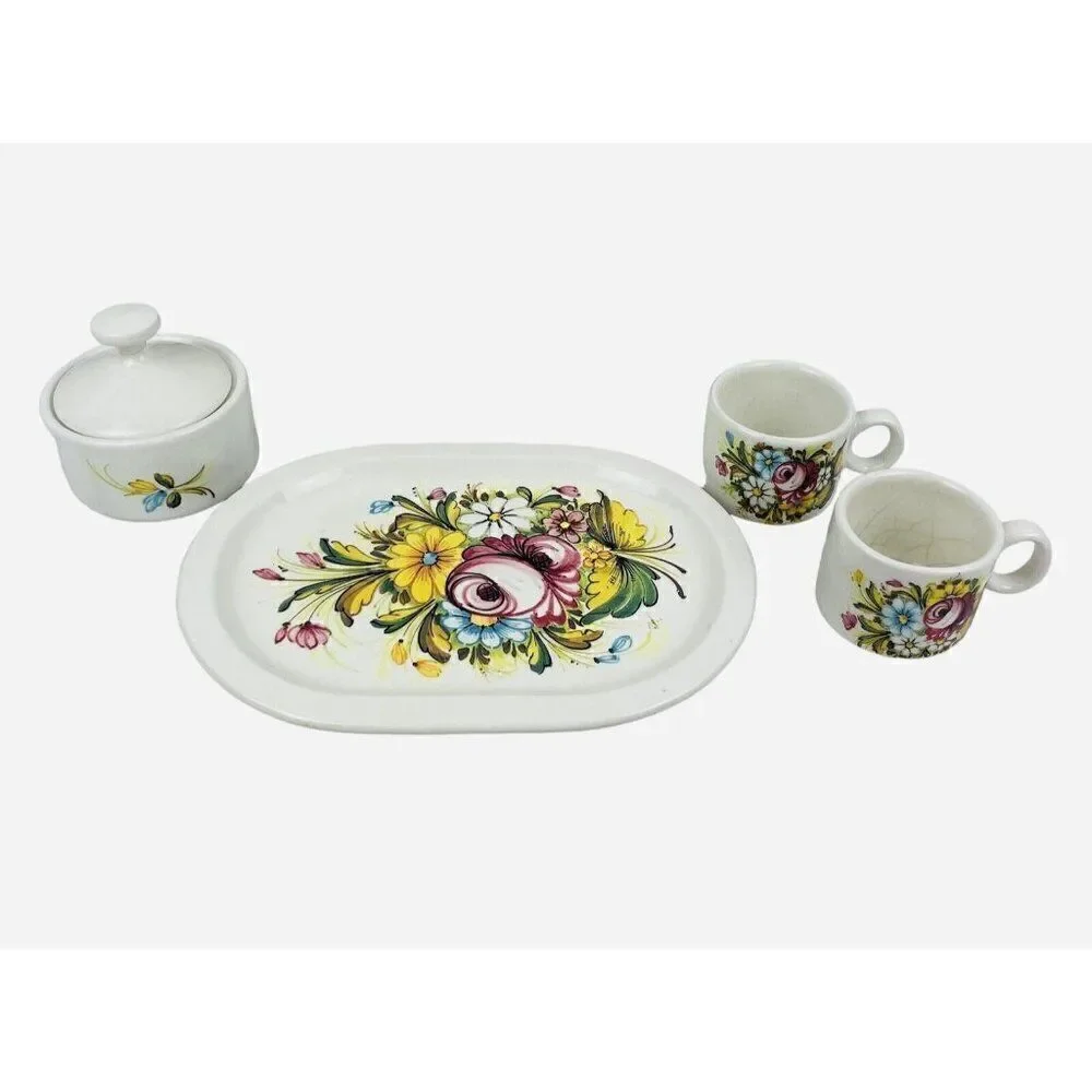 Vintage Castelli Ceramic Floral Espresso Set Italian Demitasse Hand Painted Demi